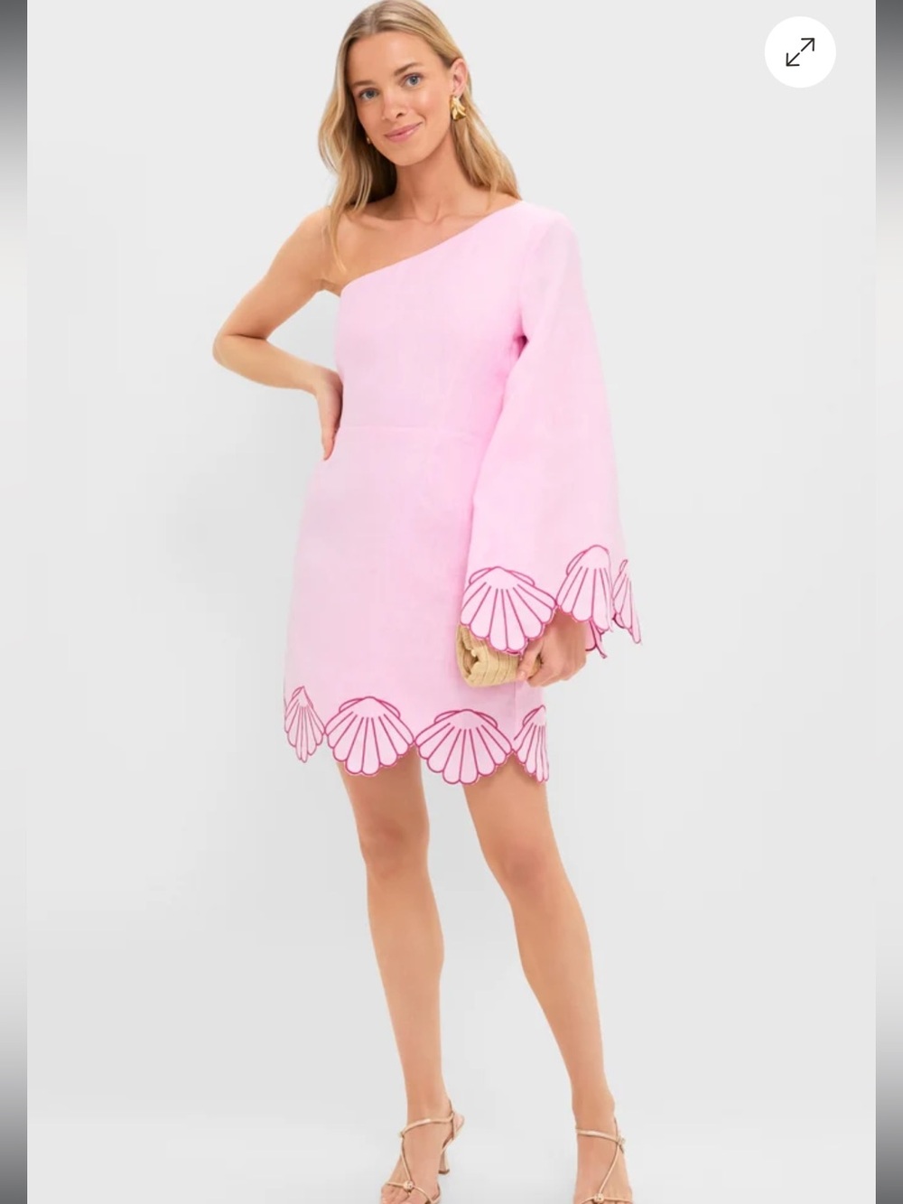 Hyacinth House pink linen clam-embroidered one-shoulder dress